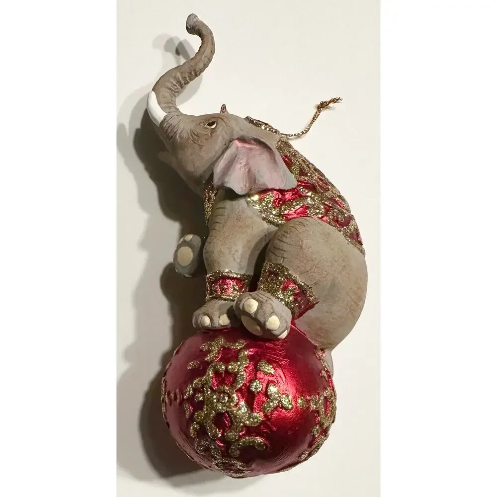 Rare Vintage Mark Robert’s Circus Elephant On Ball Ornament Red w/Gold Glitter